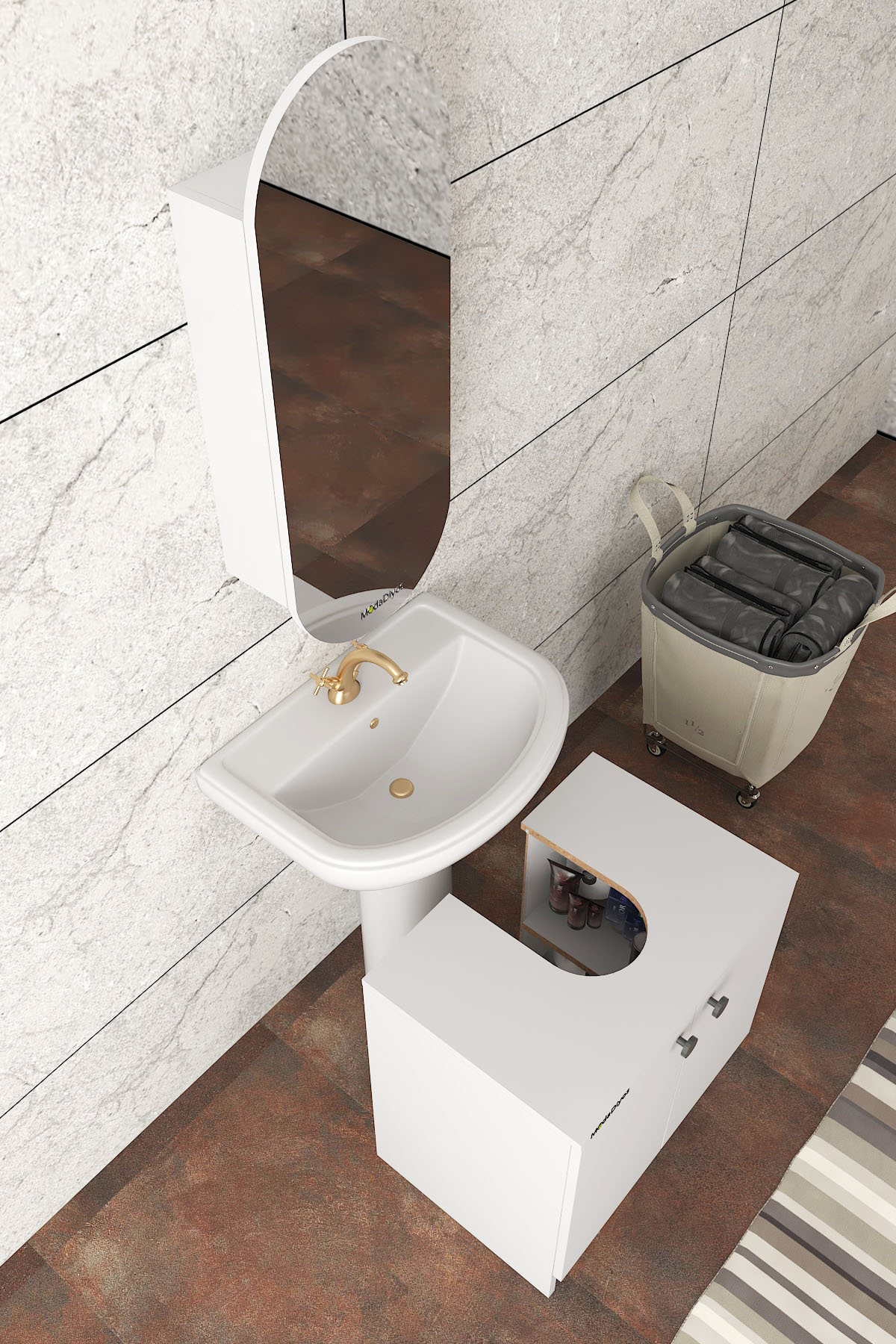 Modelisa Lavabo Altı Dolap ve Üst Aynalı Banyo Dolabı Beyaz (2 Si Bir Arada)